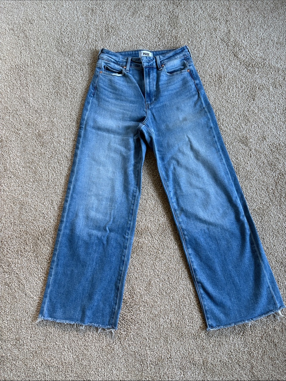 PAIGE Medium Blue Wide-Leg Jeans with Raw Hem